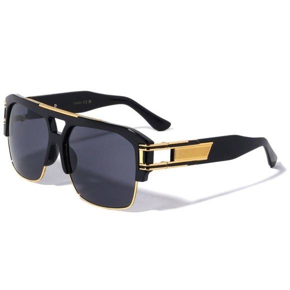 Sunglasses Men's Square Frame Dark Black Lens Gold Accents Hip Hop Street Wear‎ - Picture 2 of 6